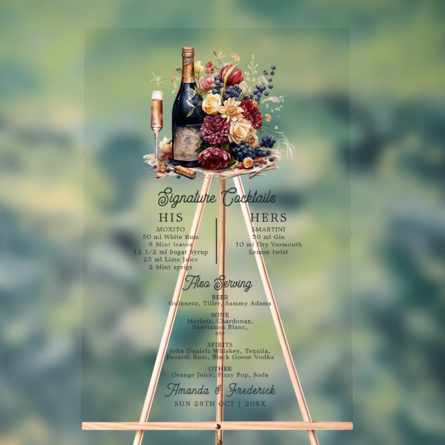 Gold, Navy Blue and Burgundy Signature Cocktails Acrylic Sign (Neutral)