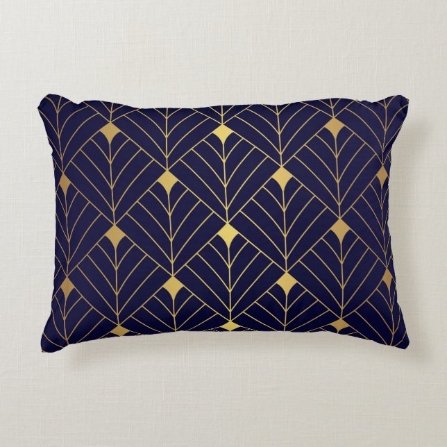 Gold Navy Blue Art Deco Diamond Pattern Accent Pillow (Front)