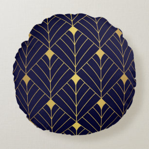 Gold Navy Blue Art Deco Diamond Pattern Round Pillow