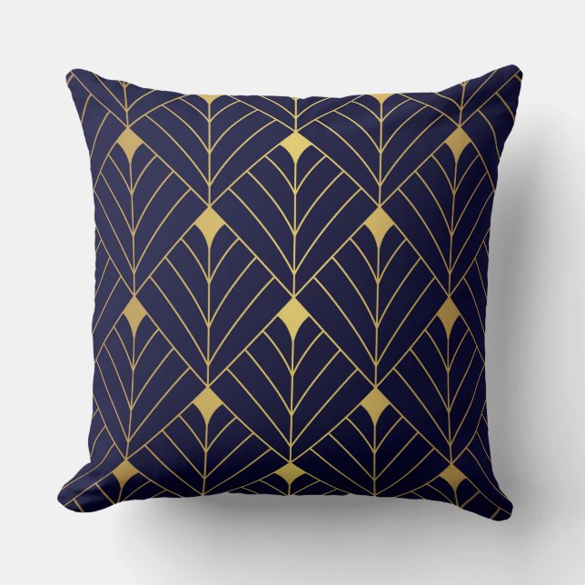 Gold Navy Blue Art Deco Diamond Pattern Throw Pillow (Front)