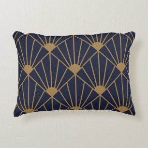 Gold Navy Blue Art Deco Fan Pattern  Accent Pillow