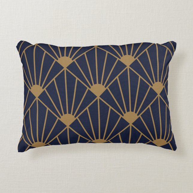 Gold Navy Blue Art Deco Fan Pattern  Accent Pillow (Front)