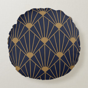 Gold Navy Blue Art Deco Fan Pattern  Round Pillow