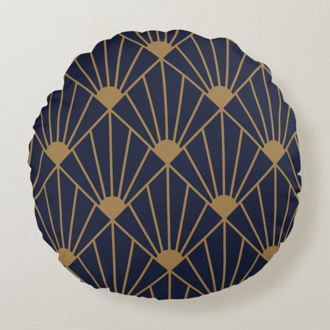 Gold Navy Blue Art Deco Fan Pattern  Round Pillow (Front)