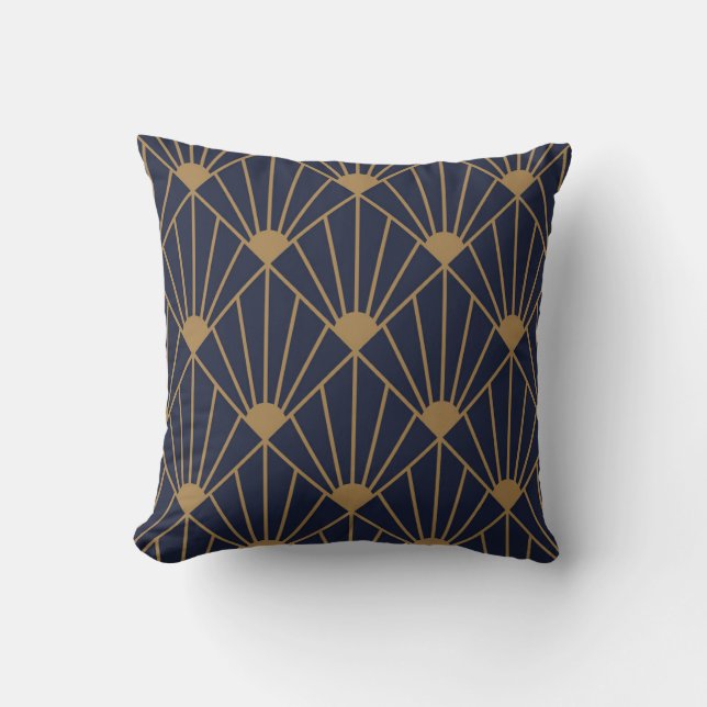 Gold Navy Blue Art Deco Fan Pattern  Throw Pillow (Front)
