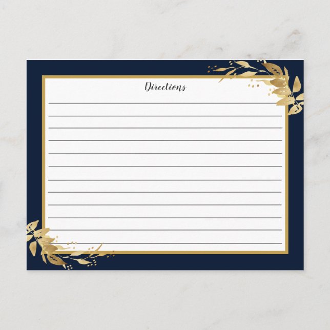 Gold Navy Blue Botanical Foliage Recipe Card (Back)