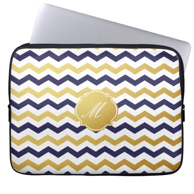 Gold & Navy Blue Chevron Pattern Laptop Sleeve (Front)