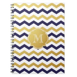 Gold & Navy Blue Chevron Pattern Monogram Notebook