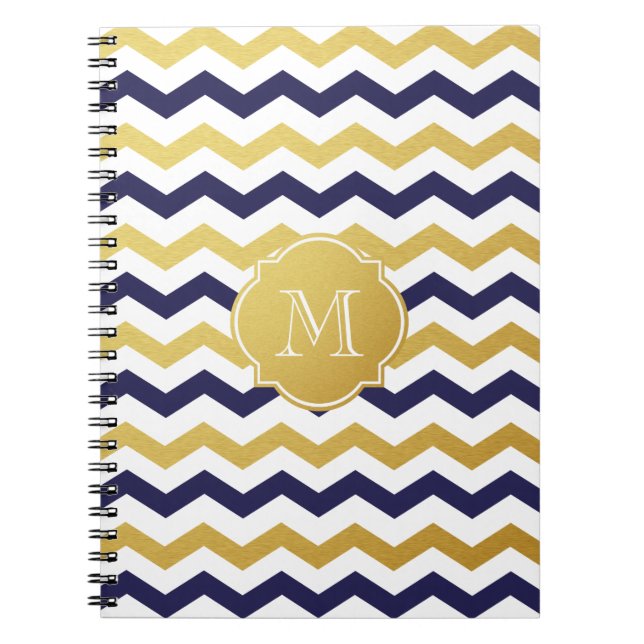 Gold & Navy Blue Chevron Pattern Monogram Notebook (Front)