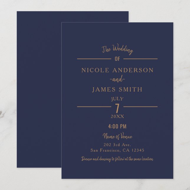 Gold Navy Blue Chic Minimal Clean Classic Wedding Invitation (Front/Back)