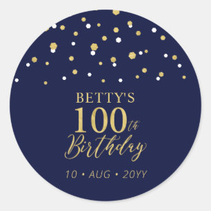 Gold Navy Blue Confetti 100th Birthday Party Favou Classic Round Sticker