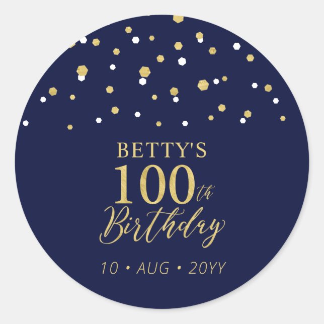 Gold Navy Blue Confetti 100th Birthday Party Favou Classic Round Sticker (Front)