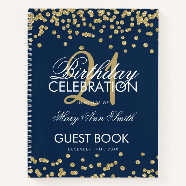 Gold Navy Blue Confetti 21st Birthday Guestbook Notebook (Front)