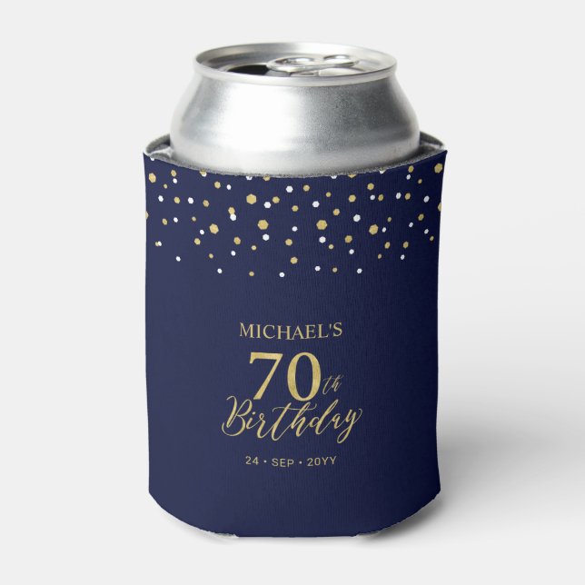 Gold Navy Blue Confetti 70th Birthday Party Favour Can Cooler (Can Front)