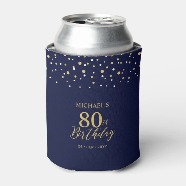 Gold Navy Blue Confetti 80th Birthday Party Favour Can Cooler (Can Front)