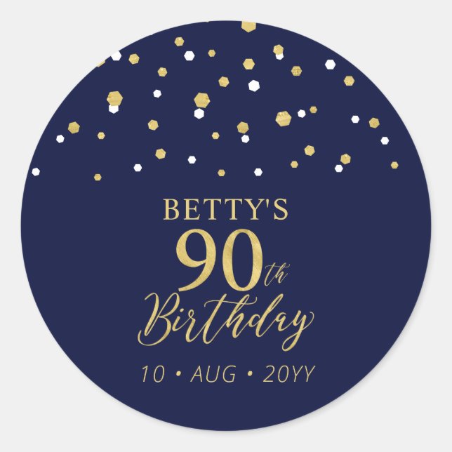 Gold Navy Blue Confetti 90th Birthday Party Favour Classic Round Sticker (Front)