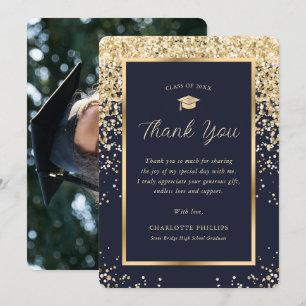 Gold Navy Blue Confetti Grad Cap Photo Graduation Thank You Card