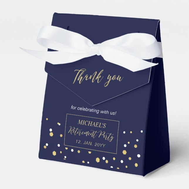 Gold & Navy Blue Confetti Modern Retirement Party Favor Box (Front Side)