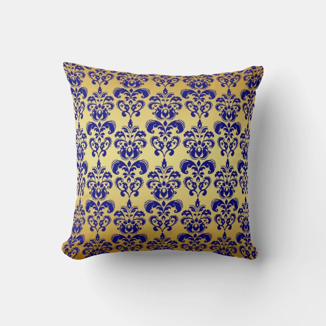 Gold, Navy Blue Damask Pattern 2 Throw Pillow (Front)