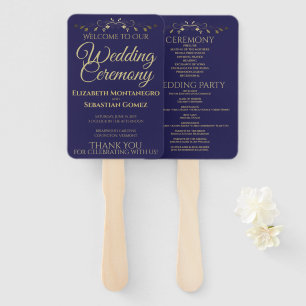 Gold & Navy Blue Elegant Flourish Wedding Program Hand Fan