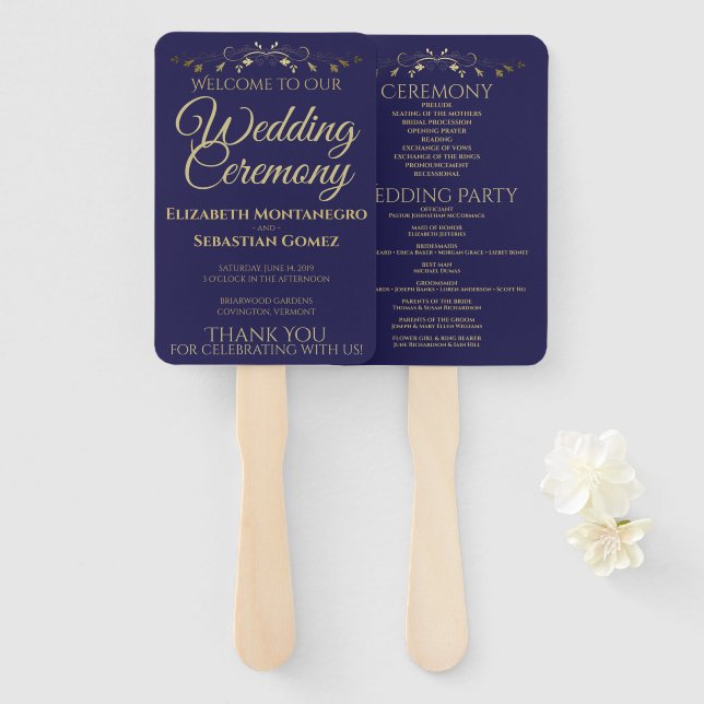 Gold & Navy Blue Elegant Flourish Wedding Program Hand Fan (Front and Back)