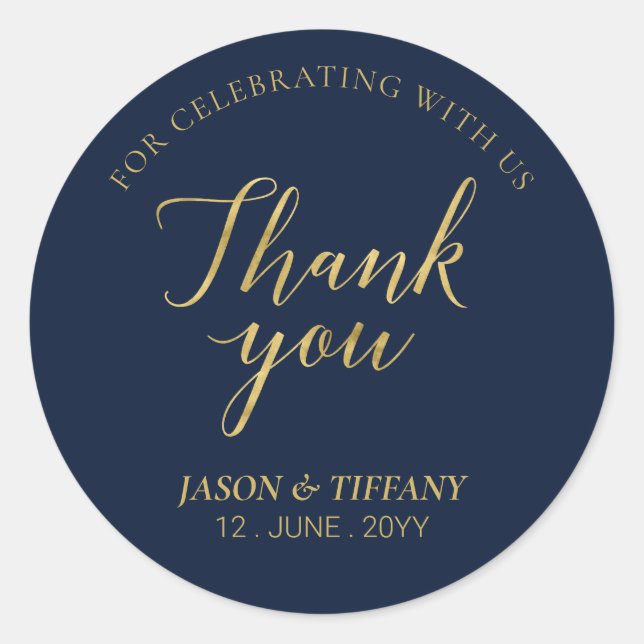 Gold & Navy Blue | Elegant Party Favour Thank you Classic Round Sticker (Front)