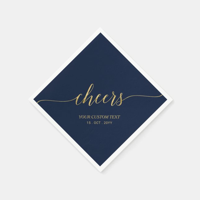Gold & Navy Blue Elegant Stylish Lettering Cheers Napkin (Corner)