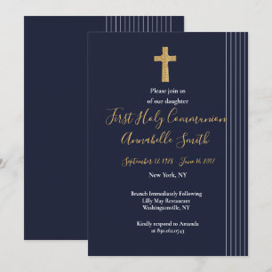 Gold navy blue elegant typography First Holy Comm Invitation