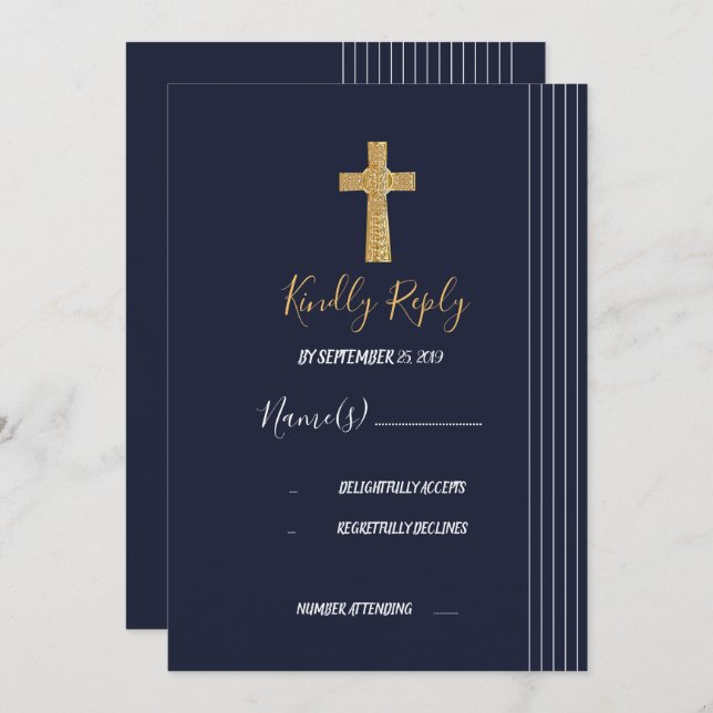 Gold navy blue elegant typography RSVP Invitation (Front/Back)