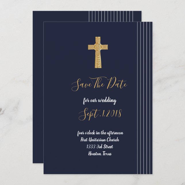 Gold navy blue elegant typography save the date invitation (Front/Back)