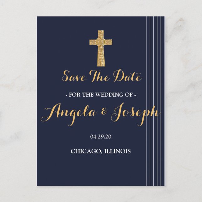 Gold navy blue elegant typography Save the Date Postcard (Front)