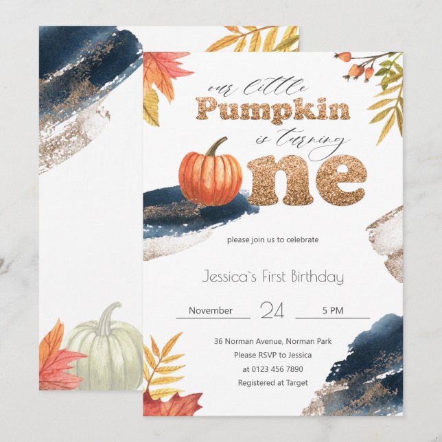 Gold & Navy Blue Fall Pumpkin First Birthday Invitation (Front/Back)