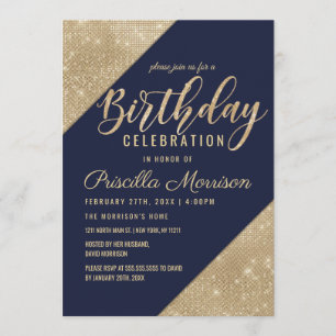 Gold Navy Blue Faux Glitter Sequin Birthday Invitation