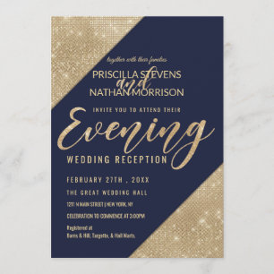 Gold Navy Blue Faux Glitter Sequin Evening Invitation