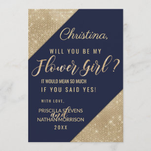 Gold Navy Blue Faux Glitter Sequin Flower Girl Invitation