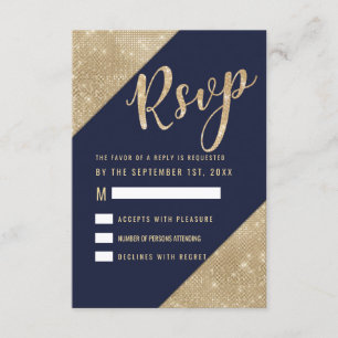 Gold Navy Blue Faux Glitter Sequin RSVP Invitation