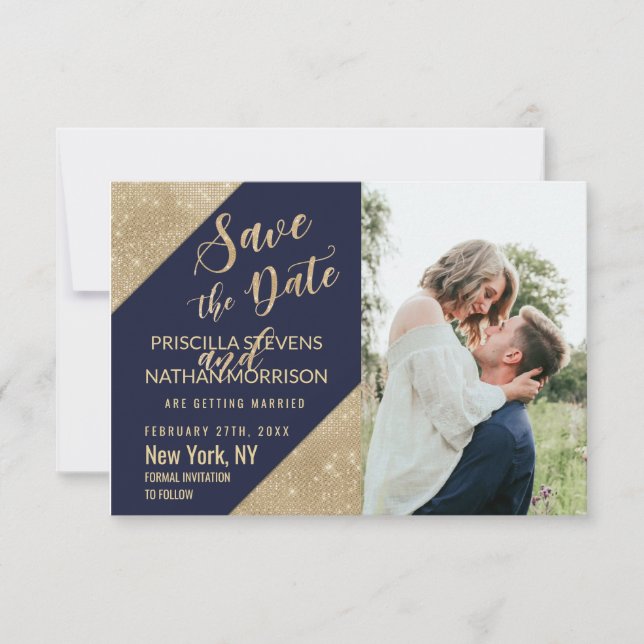 Gold Navy Blue Faux Glitter Sequin Save the Date (Front)