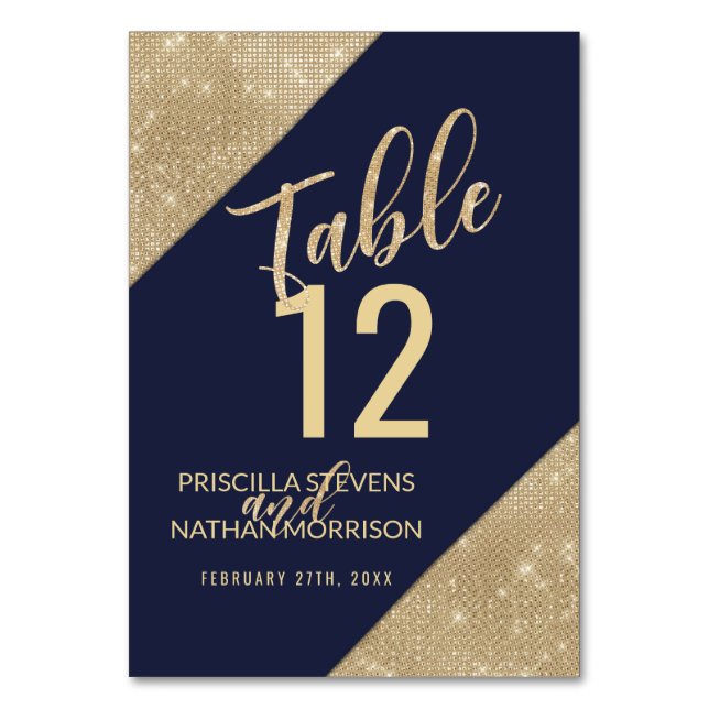 Gold Navy Blue Faux Glitter Sequin Table Number (Front)