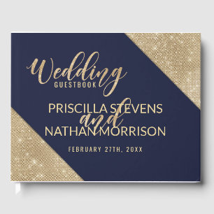 Gold Navy Blue Faux Glitter Sequin Wedding Guest Book