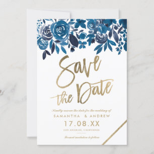 Gold navy blue floral watercolor save the date