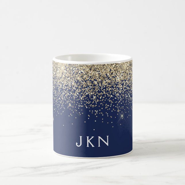 Gold Navy Blue Girly Glitter Sparkle Monogram Name Coffee Mug (Center)
