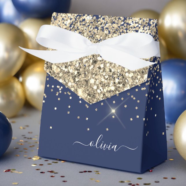 Gold Navy Blue Girly Glitter Sparkle Monogram Name Favor Box (Creator Uploaded)