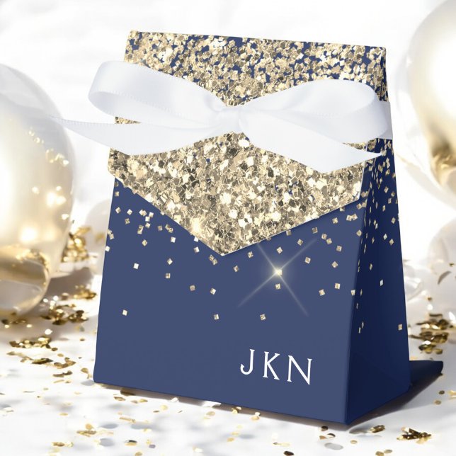 Gold Navy Blue Girly Glitter Sparkle Monogram Name Favor Box (Creator Uploaded)