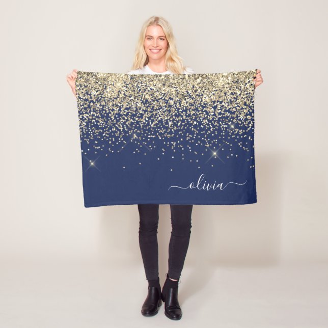 Gold Navy Blue Girly Glitter Sparkle Monogram Name Fleece Blanket (In Situ)
