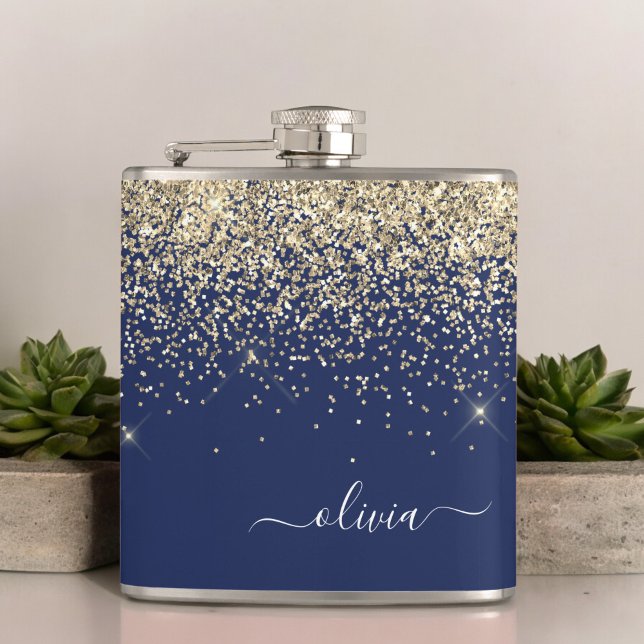 Gold Navy Blue Girly Glitter Sparkle Monogram Name Hip Flask (Creator Uploaded)