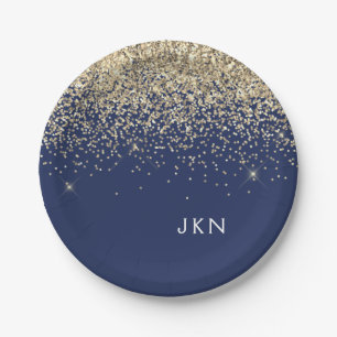 Gold Navy Blue Girly Glitter Sparkle Monogram Name Paper Plate