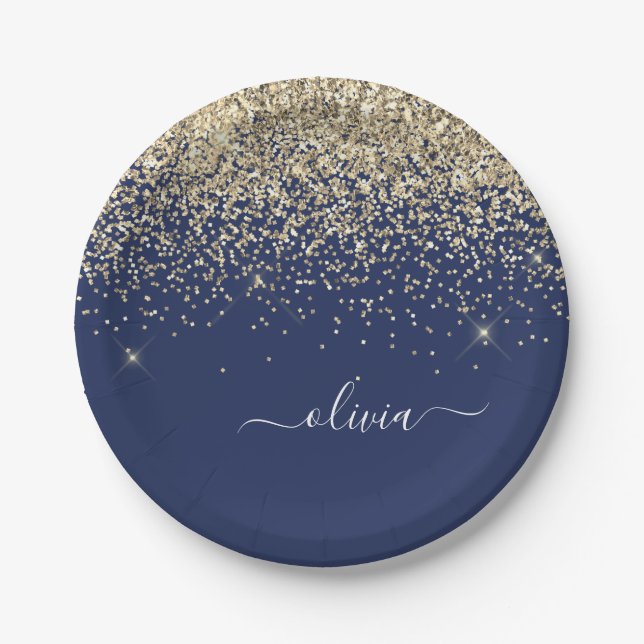 Gold Navy Blue Girly Glitter Sparkle Monogram Name Paper Plate (Front)