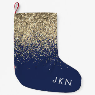 Gold Navy Blue Girly Glitter Sparkle Monogram Name Small Christmas Stocking