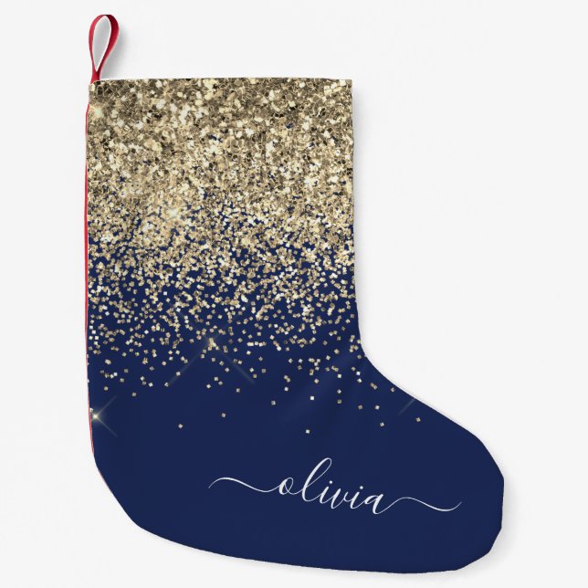 Gold Navy Blue Girly Glitter Sparkle Monogram Name Small Christmas Stocking (Front)