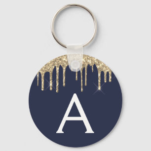 Gold Navy Blue Girly Sparkly Glitter Monogram Keychain
